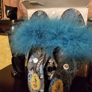 Women's Blue Floral Shoes with Fur Trim